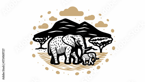 Majestic mother and baby elephants roam African savanna landscape with acacia trees and mountains