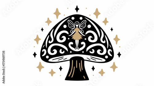 Whimsical fairy perched on ornate mushroom surrounded by magical stars, enchanting fantasy art