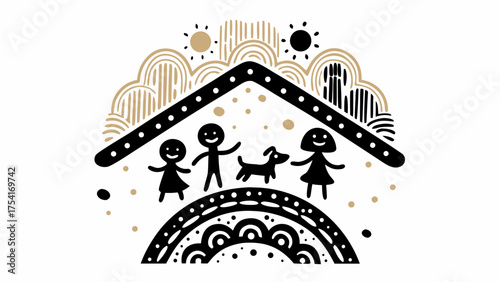 Joyful family and dog under stylized home celebrating happiness and togetherness in a cheerful scene