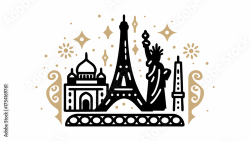 Iconic global landmarks unite, celebrating travel dreams and world wonder for your next project.