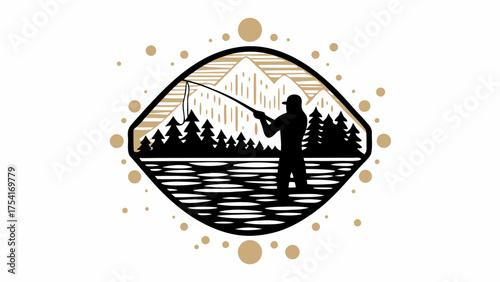 Serene outdoor adventure graphic of a fly fisherman casting in a mountain lake, perfect for logos