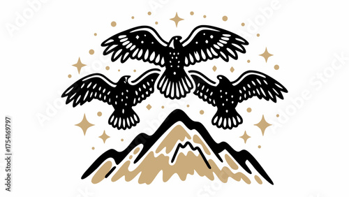 Majestic eagles soar above mountain peaks under starry sky, symbol of freedom and adventure