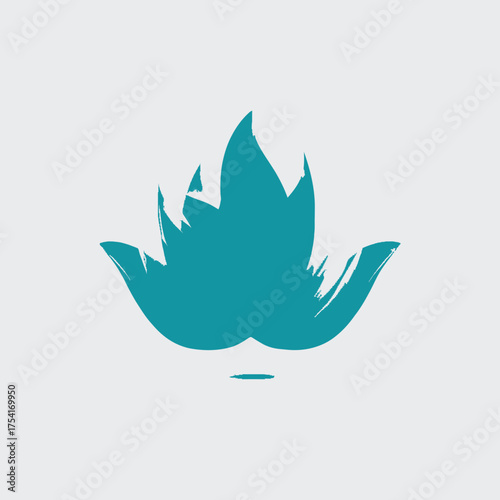 Abstract teal brush stroke design resembling a stylized lotus flower or organic shape, with textured, grunge aesthetics on a light background.