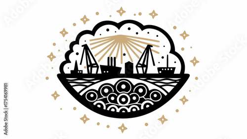 Stylish nautical harbor with ships and cranes, a modern logo design for maritime industry and tourism