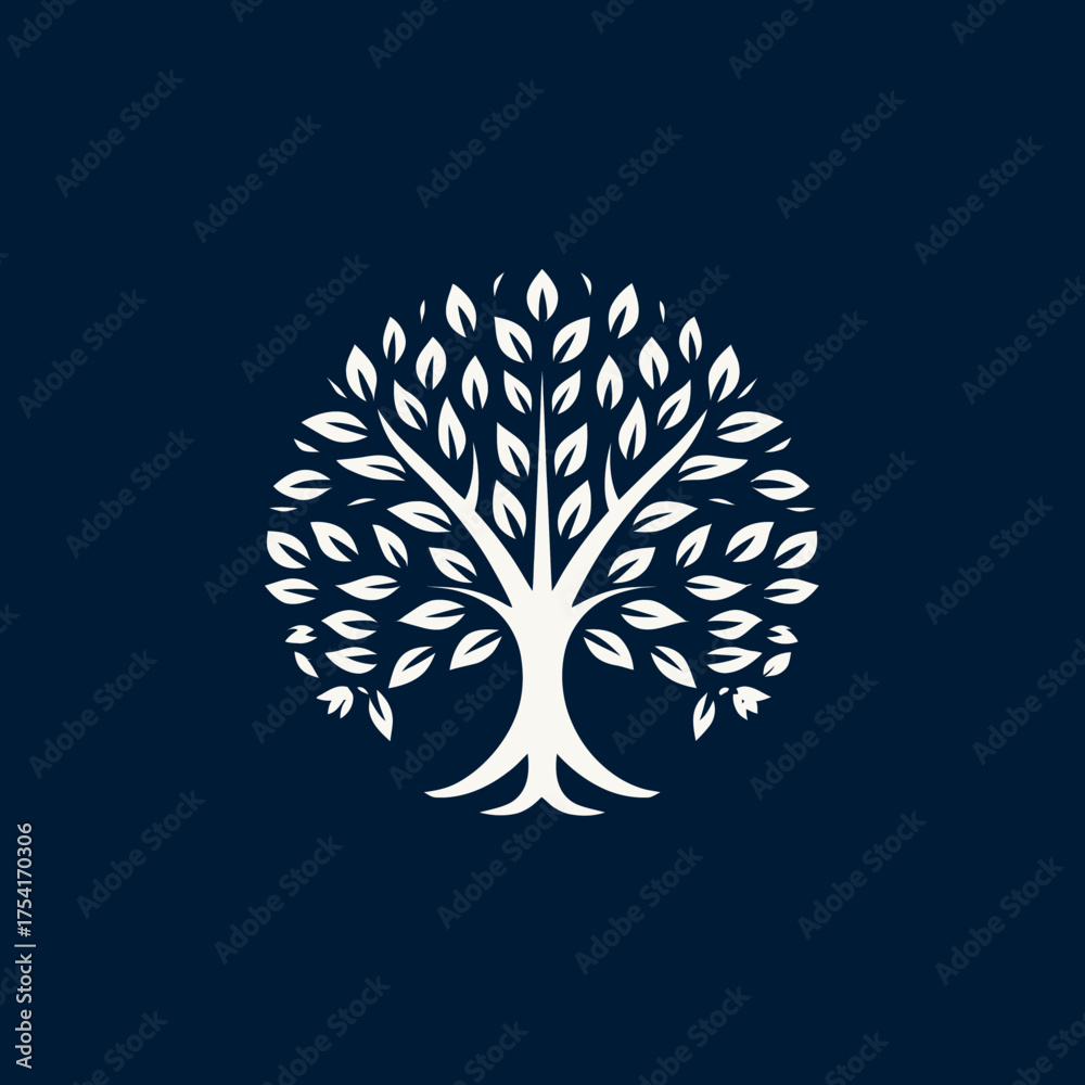 Naklejka premium Elegant minimalist white tree icon in a circular shape on a dark blue background, symbolizing life, nature, growth, sustainability, and wisdom.