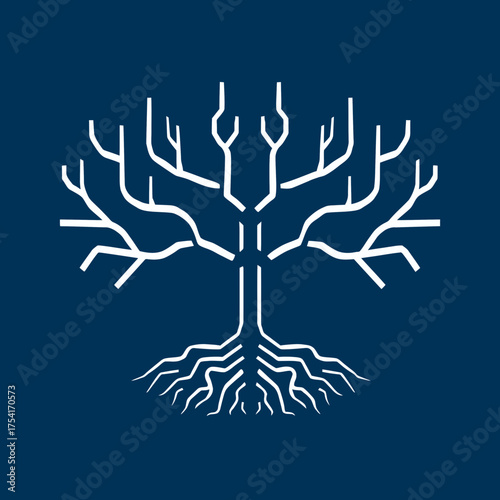 Stylized white line art tree icon, roots and bare branches on dark blue, minimalist graphic illustration, nature growth concept.