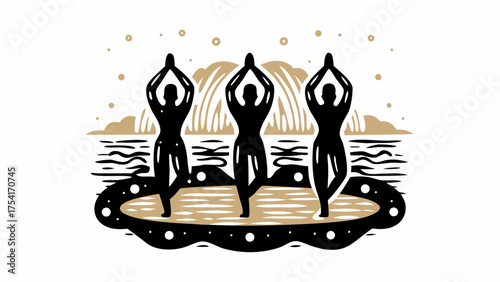 Three figures in yoga pose, serene water landscape, mindful meditation retreat, balance and wellness