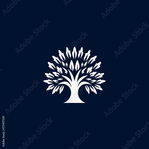 Minimalist white tree silhouette with lush foliage against a deep blue background, symbolizing nature, growth, and environmental concepts.