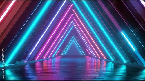 Colorful neon lights create a mesmerizing corridor in a futuristic setting at night