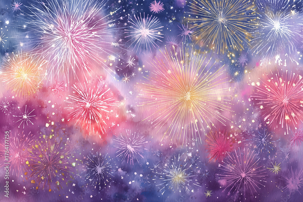 Naklejka premium Colorful watercolor fireworks exploding in a dreamy night sky with bright bursts and glowing pastel tones