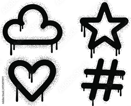 Urban graffiti spray paint icons set dripping cloud star heart hashtag symbols street art graphic elements