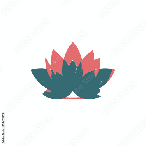 Stylized lotus flower icon with textured distressed effect, featuring overlapping teal and coral petals. Graphic symbol of purity, meditation, wellness, and peace.