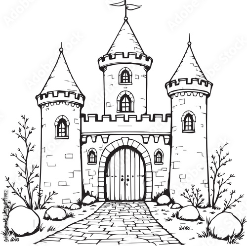 Medieval castle with towers, battlements, and cobblestone path vector in black and white line drawing