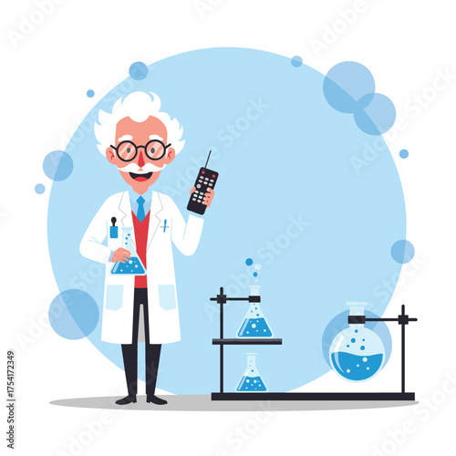 Cartoon scientist wearing lab coat and glasses holds a test tube in his hand.