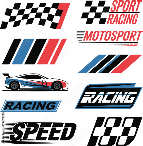 Dynamic racing elements collection with checkered flags sport car stripes motorsport lettering and speed designs