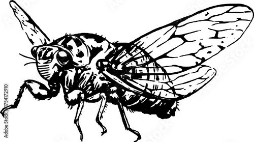 Cicada insect in line drawing style. Vintage black and white vector illustration with detailed outline, suitable for entomology and naturalist themes.