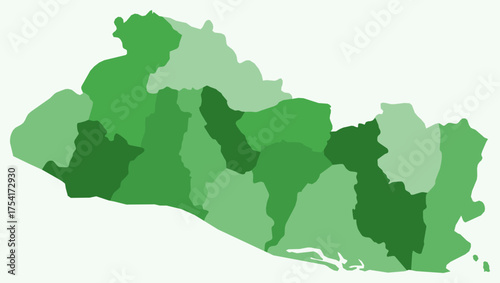 Map of El Salvador with regions. Just a simple country border map with region division. Green color palette. Blank El Salvador shape with administrative division. Vector illustration.