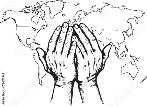 Black and white vector illustration of praying hands over world map symbolizing global unity and hope