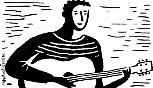 Musician with a guitar illustrated in a simple black and white style. Minimalistic vector illustration featuring stripes and a clean background.