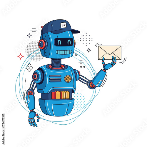 A friendly blue robot delivering mail with a smile.