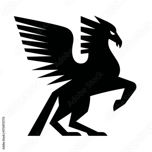 Vector silhouette of a powerful mythical griffin creature rearing up with majestic, spread wings, symbolizing strength and fantasy.
