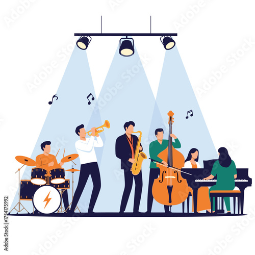 A live jazz band performs on stage with bright spotlights illuminating them.