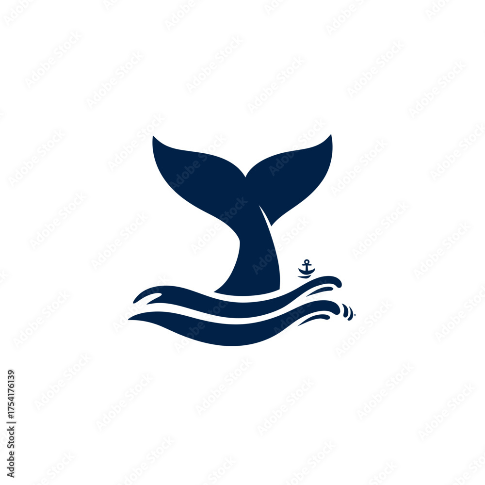 Obraz premium Blue whale tail with anchor in ocean waves logo graphic. Marine life symbol, nautical design element for sea adventures and ocean conservation.