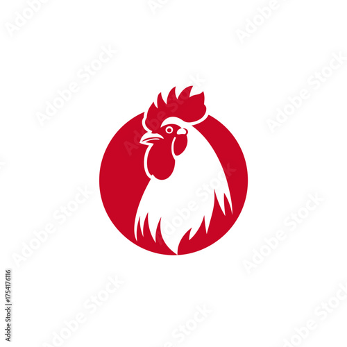 Stylized white rooster head with red comb and wattle in a bold red circle. Modern chicken farm animal logo icon, vector graphic illustration.