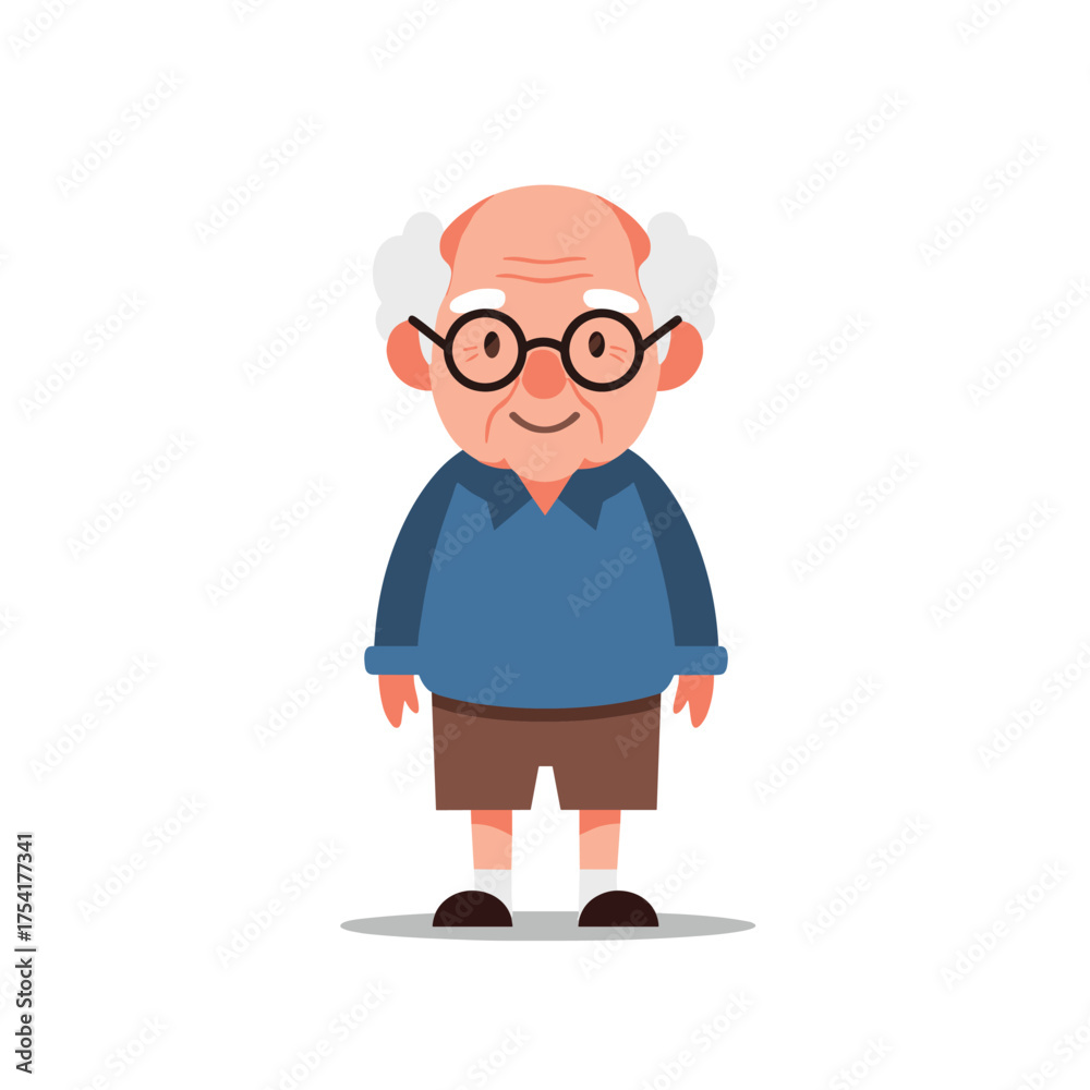 Obraz premium A smiling grandfather in glasses and a blue shirt stands with joy.
