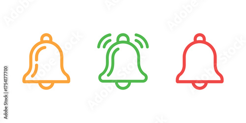 Three outline bell icon set featuring yellow, green, and red colors with one actively ringing