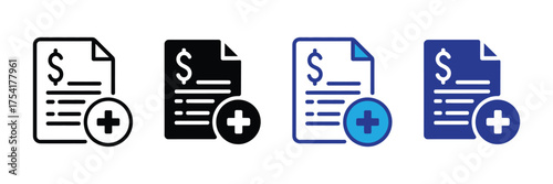 Set of four icons representing a document with a dollar sign and a plus symbol, isolated on transparent background