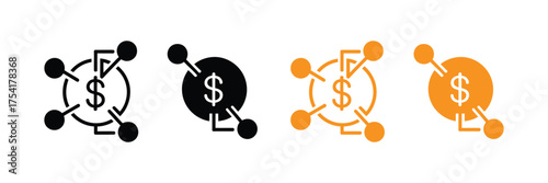 Set of four icons representing financial network, money exchange, and digital currency, isolated on transparent background