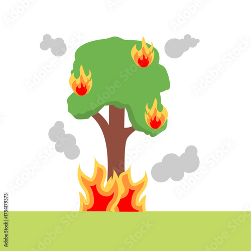 A tree engulfed in flames with thick gray smoke, depicting forest fires that damage natural ecosystems, flat art design style.
