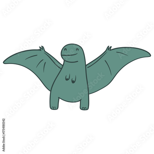 A cute, cartoonish green pterodactyl with its wings spread wide, smiling.