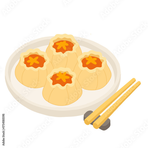 An illustration of four delicious Chinese Siu Mai (Shumai) dumplings served on a plate with a pair of chopsticks resting beside it