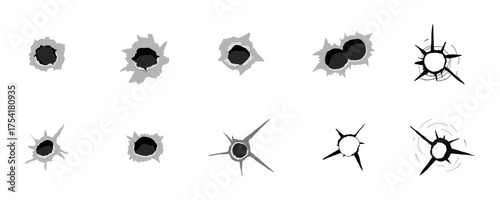Bullet hole gun set shot weapon silhouette, impact impact marks gun, bullet hole gunshot. Damage from shoot.