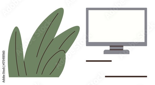 Computer monitor placed beside green leaves to reflect tech-nature coexistence concept. Ideal for ecology, sustainability, technology, environment, modern life, innovation, and balance. Simple flat