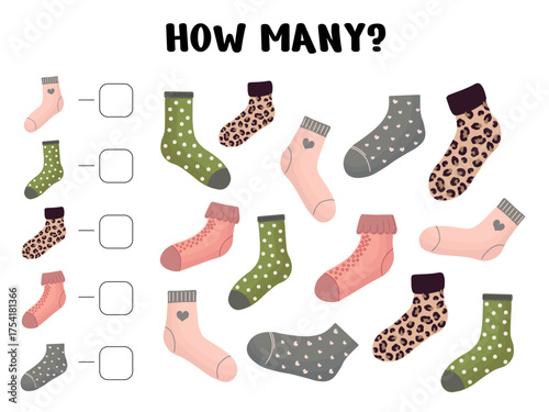 Sock counting worksheet for kids featuring colorful patterned socks in various styles and colors for early math learning and preschool activities