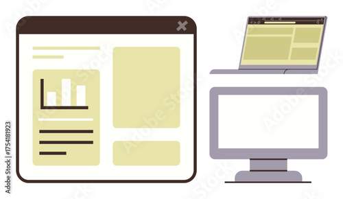 Open browser window displaying bar charts, text elements. Includes laptop, desktop monitor for professional applications. Ideal for analytics, technology, websites, digital tools, work learning