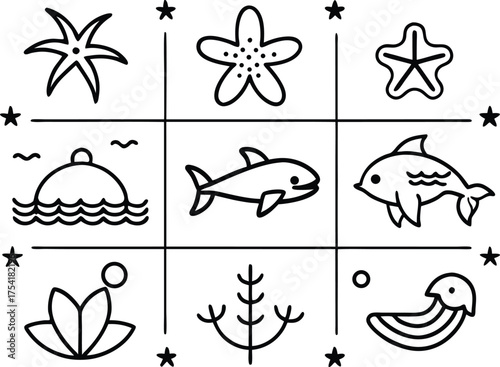 Whimsical hand drawn nautical tic tac toe grid featuring starfish dolphins buoy seaweed and jellyfish with star accents for childrens beach ocean themed designs