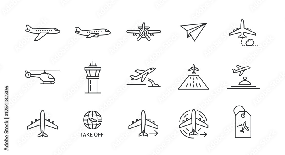 Naklejka premium Airplane line icon set for aviation and travel. Includes flight, airport, helicopter, air traffic control tower, runway, takeoff, landing, paper plane and transport symbols.