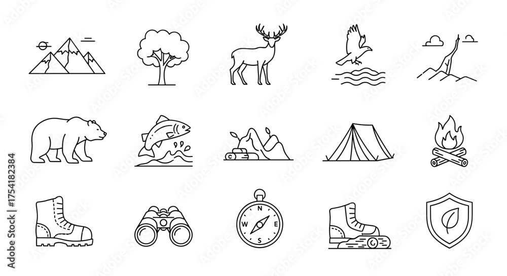 Fototapeta premium Big set of thin line icons for camping, hiking, and outdoor adventure. Vector symbols of nature, wildlife, and travel. Includes mountain, forest, bear, deer, tent, campfire.