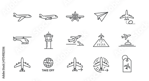 Airplane line icon set for aviation and travel. Includes flight, airport, helicopter, air traffic control tower, runway, takeoff, landing, paper plane and transport symbols.