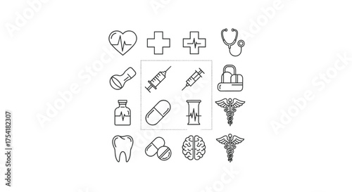 Medical icon set. Healthcare line icons collection. Medicine and hospital symbols. Vector graphic pack with heart, EKG, syringe, pill, brain, tooth, and caduceus signs.