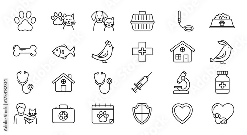 Big vector set of veterinary line icons. Pet care, animal health. Dog, cat, bird, fish. Vet clinic, hospital, medicine, grooming, food, insurance, adoption concepts.