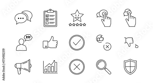 Feedback and review line icon set. Customer satisfaction, survey, rating and testimonial symbols. Business communication, marketing analytics and user experience interface elements.