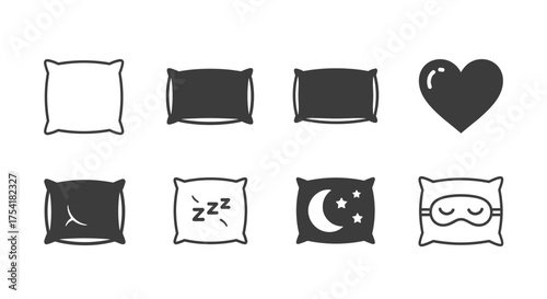 Pillow and sleep icons set. Bedtime and rest concept. Vector graphic elements for web and app design. Relaxation, dream, comfort symbols. Snoring zzz, night moon, sleep mask.