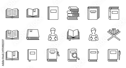 Book icon line set for education and study. Reading, library, knowledge and learning concept. Open book, stack of books, literature, student, research, textbook, dictionary vector.