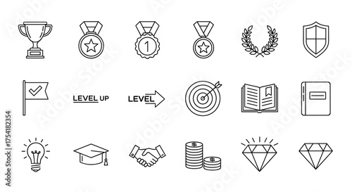 Achievement and success line icon set. Vector symbols for business goals, career growth, education, finance. Includes trophy, medal, level up, target, graduation, idea, and diamond.