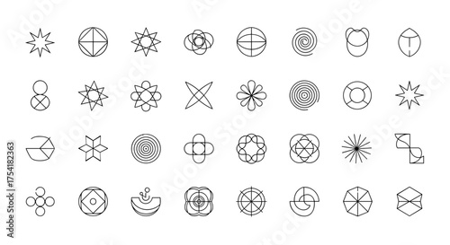 Minimalist geometric shapes collection abstract symbols sacred geometry mandala patterns vector set icons line art sacred circle star spiral polygon design elements logo graphics
